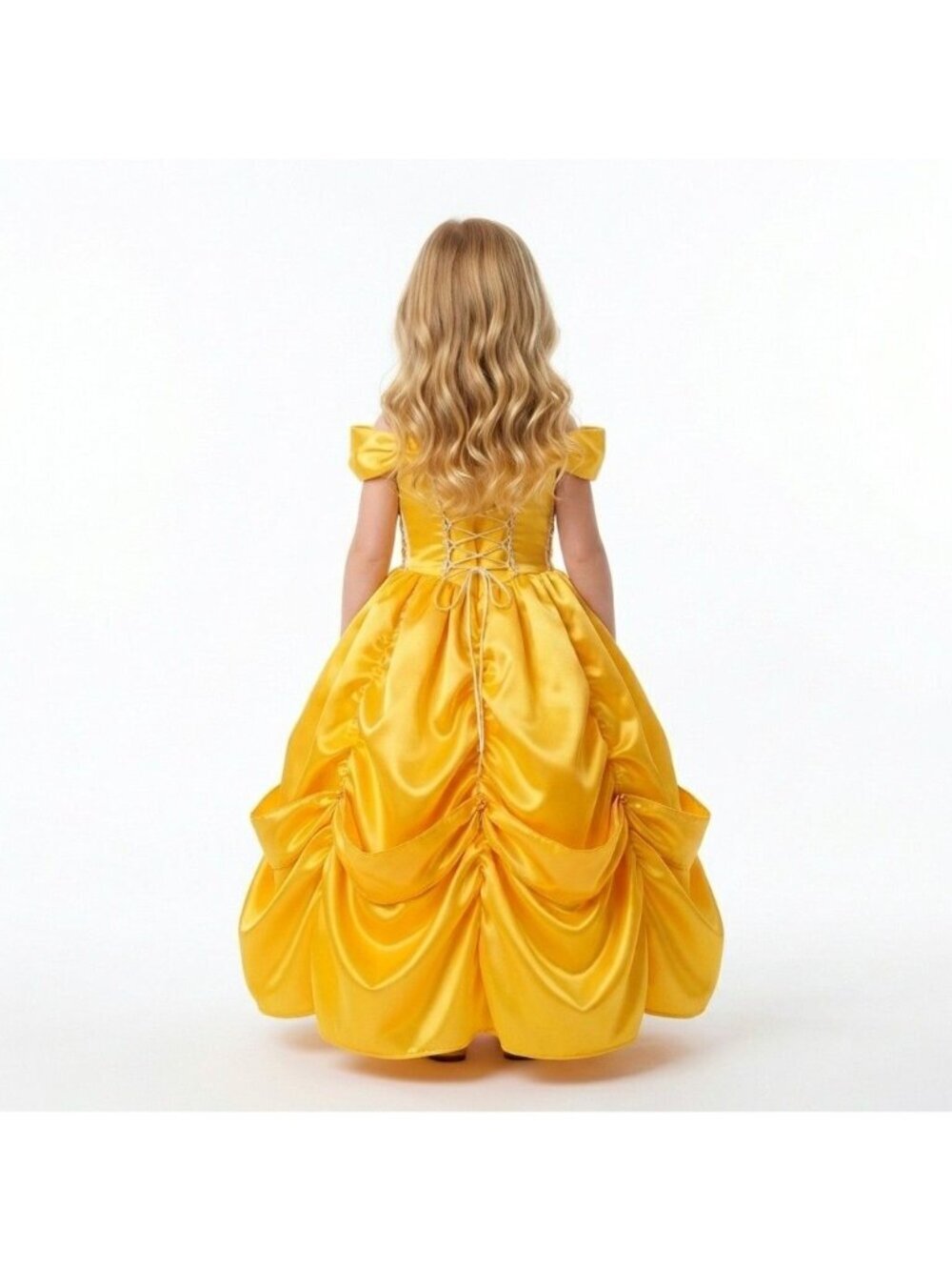 Girls Belle Princess Costume Dress Golden Yellow Satin Birthday Party - Picture 2 of 2